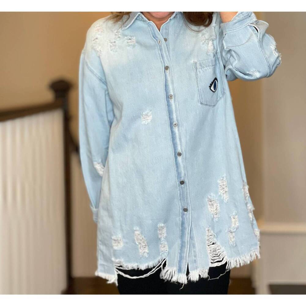 NEW MOVING FORWARD distressed denim shacket in light wash